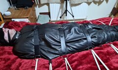 Handjob on man in sleepsack by woman 2-BBW domination,BBW bondage,man in bondage,male bondage,man tied up,leather sleepsack,sleep sack,amateur, bound and gagged man,bed bound,handjob,pre cum,edging,edged,