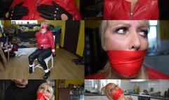 Big busy blonde milf in leather bondage - Chair tied and tape gagged (mp4)