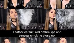 Leather catsuit, red ombre glossy lips and sensual smoking close up!