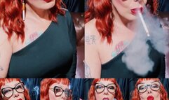 Beautiful redhead smoker, very well made up, sexy red lips smoking her long white cigarette and blowing smoke in her face - Dangling - Deep Inhales - Nose Exhales