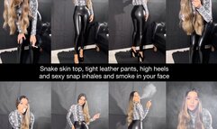 Angie smoking in a snake skin top, tight leather pants, huge high heels, includes sexy snap inhales!