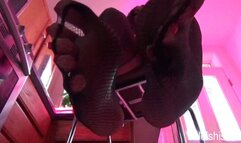 Floor level POV of gorgeous Amazon Nita's high arched swaty and stinky size 13 feet encased in black fishnet stockings! Clip 2