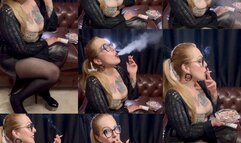 Our secret - Today is a special day, today is mom's day to smoke secretly for you - Long white cigarette, Deep Inhales, Leather -High heels, black tights, leather skirt, makeup