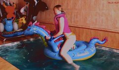 Alla hot fucks a beach ball riding an inflatable dragon in the pool!!!