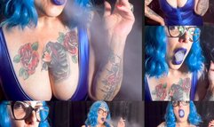Blue temptation - Long white cigarette - Crush - Deep Inhales - Mouth exhales - Mouth Inhales - blue Lipstick - Makeup - leather - High heels