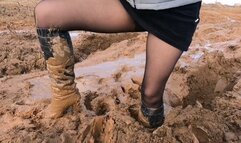 MUDDY PREMIERE: Emily walks in deep sticky mud on high heel leather boots