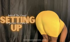 behind the scenes: setting up in yellow two-piece HD MP4 1080p by Royal Ro with Ignore Fetish, BTS, Ebony Goddess, Ebony Ass Worship, Yellow Two-Piece, Ebony Goddess, Eyeglasses, Tit Tease, Short Hair