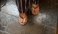 Juliette_RJ Classic feet teasing wearing toe rings - PURPLE POLISH - LONG TOENAILS - HIGHLY ARCHED FEET - THICK LEGS - FLIP FLOPS