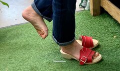 Candid Shoeplay Dipping Wooden Clog Sandals in the Garden Centre Part 1