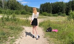 Girl in high heeled sandals and snow-white socks walk on mud and change her dirty socks on white 3 times