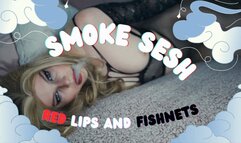 Red lips, black nails and fishnets smoke sesh