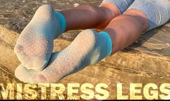 Sexy Soles In Cute Turquoise Nylon Socks On The Seashore At Sunset (4K MP4)