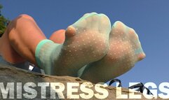 Outdoor Soles Tease In Cute Turquoise Nylon Socks Part 2 (MP4 HD)