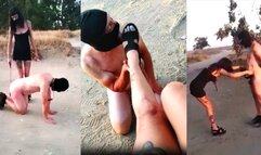 Girl humiliation slave in public suck her foot and spanking CRUEL HUMILIATION