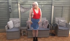 MILF strips in red leotard and denim skirt