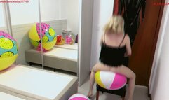 Alla destroys five beach balls of different sizes and colors and wears nylon tights!!!
