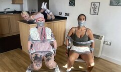 Lilly, Latina, and Mimi's Spooky Cafe Halloween Bondage Adventure: Taped Tight, Wrap Gagged, and Helpless Trio! (FullHD)