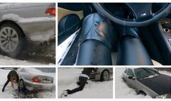 HOT CAR STUCK: Emily with vibrator in pussy got her BMW stuck in snow hard