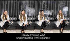 Classy smoking lady enjoying a 100s white cigarette and teasing you!