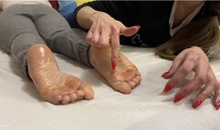 FOOT TICKLE MASSAGE FOR HER OILY SOLES WITH LONG RED NAILS - MP4 HD