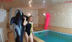 Alla is a hot rider in a wet swimsuit riding a rare inflatable whale in the pool!!!