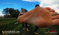 Lilian and Pmela outdoor casual POV kicks, ballbusting and foot domination