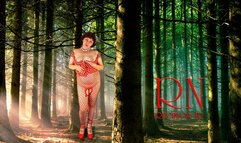 Pin-up lady posing in the forest She shows her tits and pussy Mesh tights Special effect