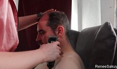 Shaving his head from multiple angles upclose 720p