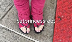 Slow motion walking in the rain, legwarmers, toe socks, flip flops tease, Hungarian size 9 milf feet