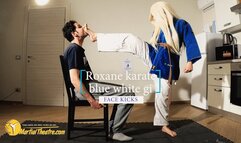 Roxane blue and white gi face kicks