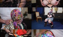 Collage teacher Victoria gets chair tied, gagged and hooded with scarves (mp4)