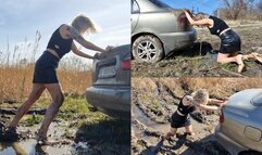 Anastasia desperately pushes the car out of the mud