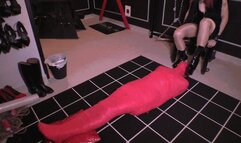 Mistress Evil Red plays with her totally mummified slave WMV