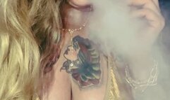 Newport - Lady Smoker in her Golden Bikini - Deep Inhales, Nose exhales, Long drag, Smoke rings, Cough, Long blonde hair, Long red nails, Red lipstick