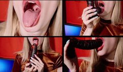 Sloppy dildo blowjob with much drools from sexy blonde in the velvet dress