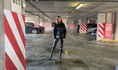 girl in high-heeled leather boots likes to press the pedals in cars, changes two cars and presses the pedals in them with a dash