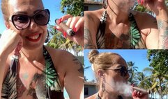 Cigar - Smoking my cigar in the hotel pool area - Deep Inhales, Dangling, Cough, Swimsuit, Red lipstick, long red nails, Sunglasses