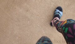 Fifi cranking in Teva sandals with black ankle socks and leggings replay