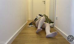 GIRL STUCK UNDER PILE OF LAUNDRY IN BODYSUIT WITH WHITE PANTYHOSE - MOV HD
