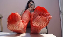 Stasha's big feet in red mesh stockings