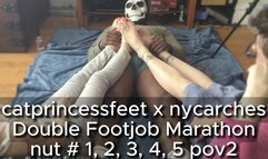 4 feet, 7 nuts, Double Goddess Footjob Marathon, back to back 1-5 orgasms of 7, bbc toejob solejob, pov2 toes and arches view
