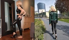 Katya wearing her totally latex outfit, oiling latex and walking outdoors
