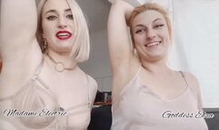 Armpit sniffing and licking slave fetish training POV Madame Electric and Goddess Elza