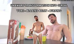 Unaware transformation into cereal Vore - bloated belly - burping