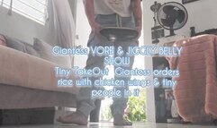 HD Giantess VORE & JIGGLY BELLY SHOW Tiny TakeOut Giantess orders rice with chicken wings & tiny people in it
