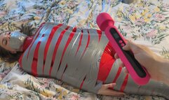 mummification with duct tape on girl wearing catsuit and denial [360p]