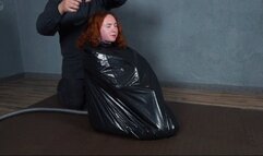 Garbage bag bondage with gray duct tape with penis gag