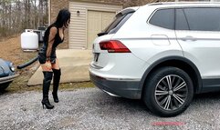 BNL305 - April Lee Pushing SUV in Black OTK Boots - Custom 305