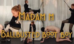 Ballbusted Boot Boy, extreme humiliation, ballbusting, boot licking, cropping and punishment