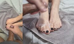 Huge cumshot over black toes, with a lot of edging, penis pump and magic wand!